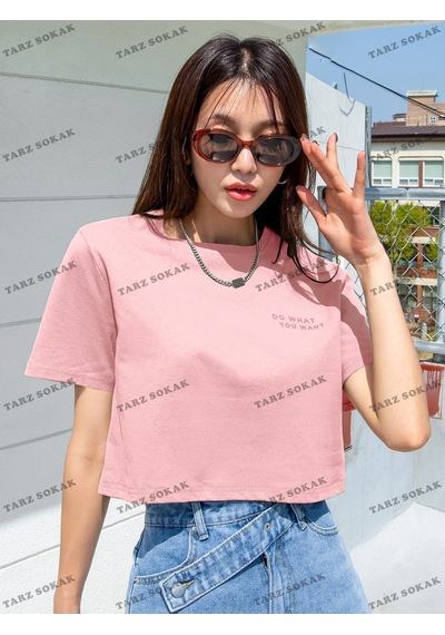 Flood Of Style Crop Ckod-232913 Dazy Sloganlı Grafik Kısa Pembe