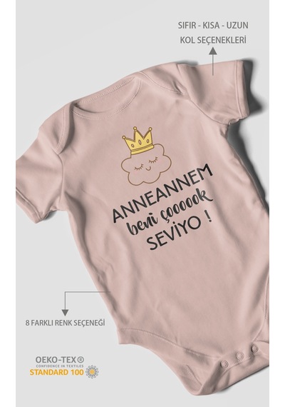 Anneannem Beni Çok Seviyo Baskılı Bebek Zıbını Çıtçıtlı Body %100 Pamuk Kısa Kol Pastel Pembe
