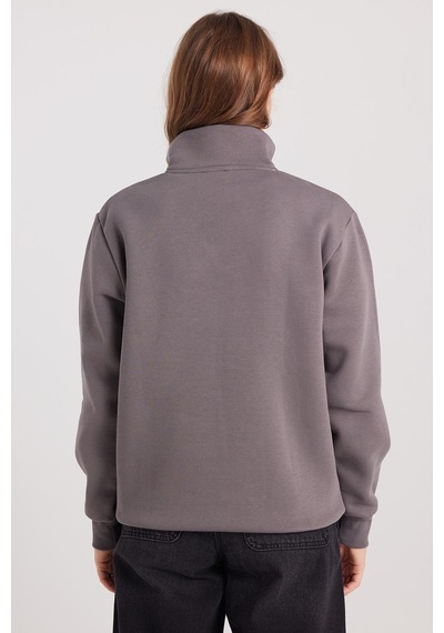 Tudors Kadın Relax Fit Rahat Kesim Pamuklu İçi Polarlı Yarım Fermuarlı Gri Dik Yaka Sweatshirt-37894 Gri