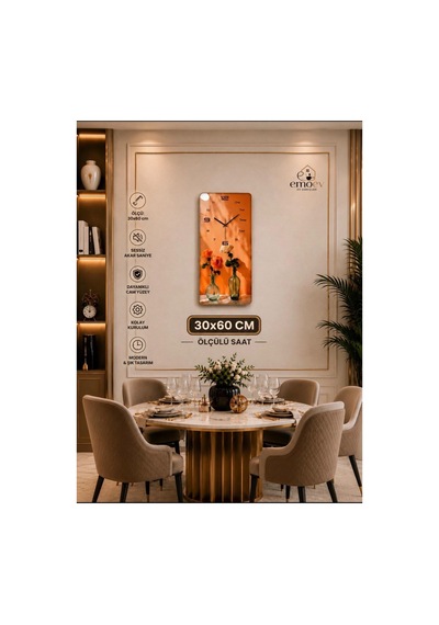 Duvar Saati Sessiz Akar Saniyeli Cam Modern Dekoratif Saat 30x60 Turuncu Turuncu