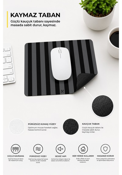 Siyah Renkli Çizgili Ergonomik Mouse Pad, Kaymaz Yüzey İle Ev Ve Ofis Kullanımı İçin İdeal