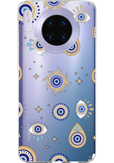 Huawei Mate 30 İle Uyumlu 1mm Slim Fit Nazar Boncuğu 5 Baskılı Şeffaf Kılıf Şeffaf