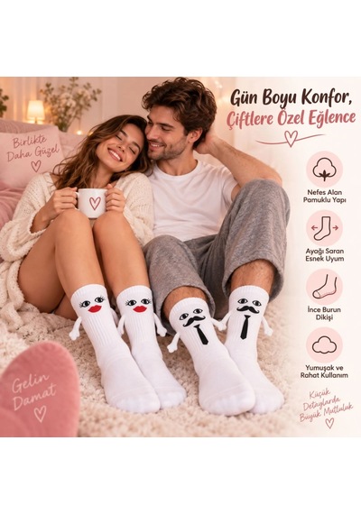 COJans Mıknatıslı Gelin Damat Çorabı 2 Çift El Ele Tutuşan Düğün Çeyiz Bohça Eğlenceli Set Çok Renkli