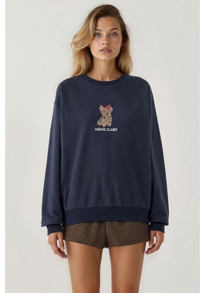 Hiccup İşlemeli Yuvarlak Yaka Sweatshirt Lacivert
