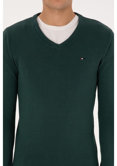 U.S. Polo Assn. Erkek Slim Fit V Yaka Koyu Yeşil Basic Kazak 50313668-VR079