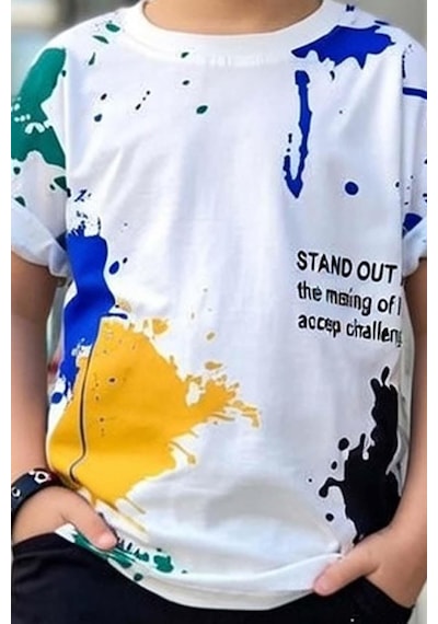Riccotarz Erkek Çocuk Bisiklet Yaka Üzeri Renki Boya Desenli T-shirt Beli Lastikli Siyah Şortlu Takım Siyah