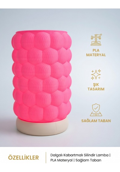 Dalgalı Kabartmalı Silindir Lamba Pembe - 3d Baskı Fütüristik Gece Lambası Pembe