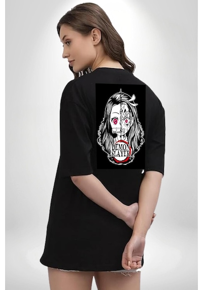 Anime Demon Slayer Siyah Oversize Unisex Ön Ve Sırt Baskılı Tişört Siyah