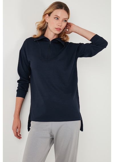 Lela Regular Fit Fermuarlı Yaka Önü Kısa Arkası Uzun Bayan Sweat 5865876 Lacivert