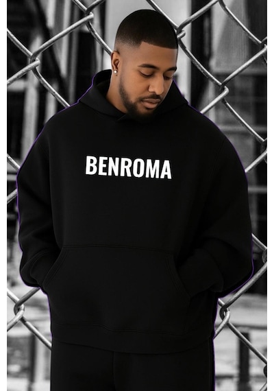 Benroma 3 İplik Penye Baskılı Büyük Beden Sweatshırt Siyah