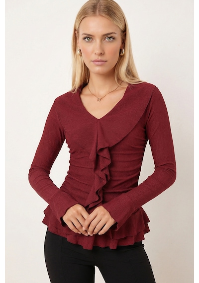 Armonika Kadın Bordo Yakası Fırfırlı Kolları Volanlı Büzgülü Bluz Arm-26k001079