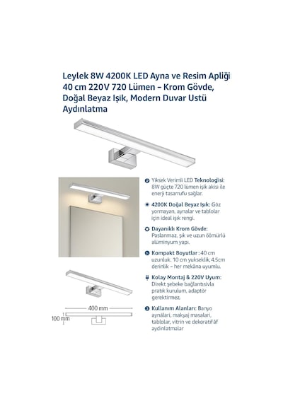 Leylek 8w 4200k Led Ayna Ve Resim Apliği 40 Cm 220v 720 Lümen Krom Gövde, Doğal Beyaz Işık, M