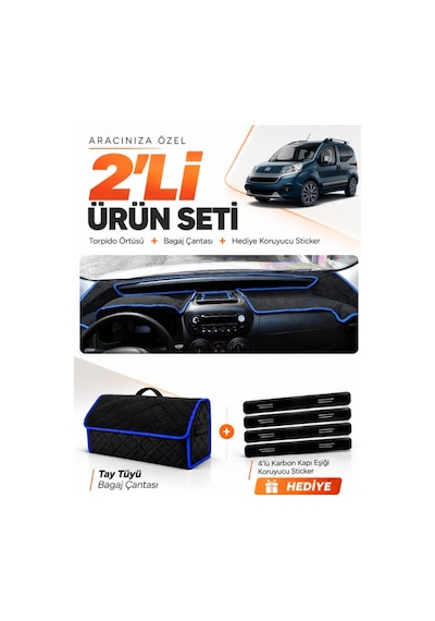Fiat Fiorino 2007-2026 Uyumlu Torpido Örtüsü + Tay Tüyü Bagaj Çantası + Sticker Seti - Siyah Mavi