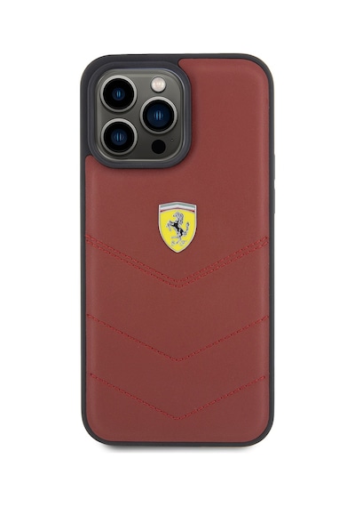 Apple Uyumlu iPhone 15 Pro Max Kılıf Ferrari Lisanslı Deri Dikişli Arka Yüzey Metal Logo Tasarımlı Kapak Kırmızı