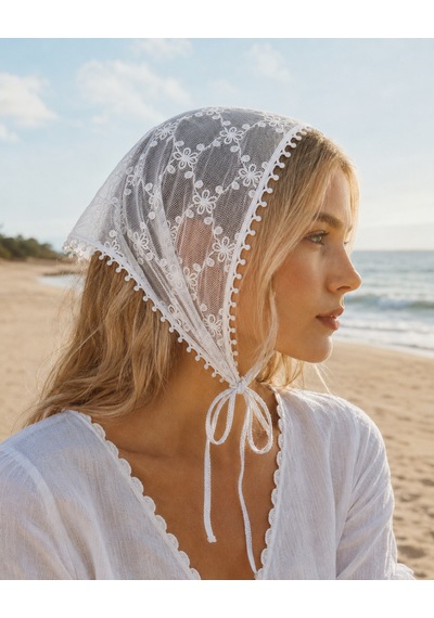 Haki Store Dantel Bandana Beyaz Çiçek Desenli Transparan Bel Bandanası Saç Ve Bel Aksesuarı
