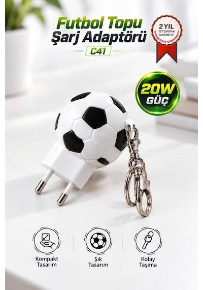 Torima Şarj Adaptörü Futbol Topu Görünümlü Anahtarlıklı 20w Hızlı Şarj Cihazı C41 Beyaz Siyah