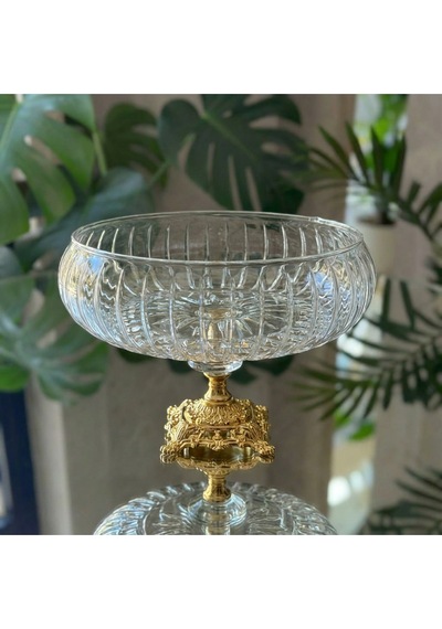 Alfafe Home Lotus Kristal 24 Cm Kesme Dekor Metal Ayaklı Salata Kasesi Cam Sunumluk- Servis Tabağı Gold