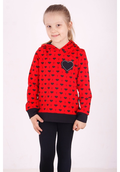Toontoy Kız Çocuk Komple Kalp Desenli Sweatshirt Kırmızı