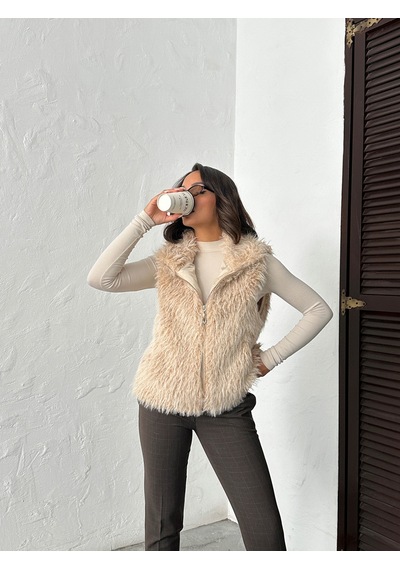 Verymoda Yapay Kürk Kadın Yelek Fermuarlı, Yumuşak Dokulu I Vmf2046 Taş