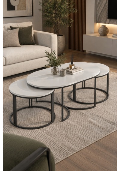 Sulorahome Beyaz Oval Sehpa Seti 3'lü Orta Sehpa Zigon Ve Yan Sehpa Kombinasyonu