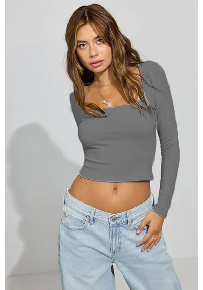 Seeh Gri Kare Yaka Uzun Kollu Kadın Body Sh206
