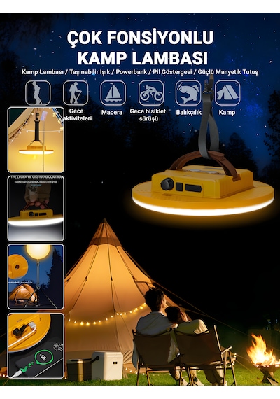 D83-1 Şarjlı Manyetik Kamp Lambası Powerbank Özellikli Led Işık Taşınabilir Çadır Aydınlatma Siyah