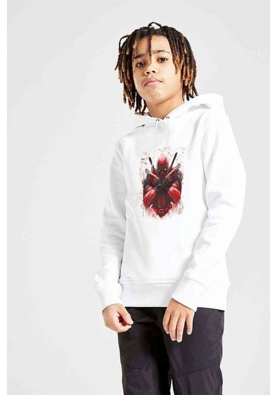 Tshirthane Deadpool Two Guns Baskılı Unisex Çocuk Kapüşonlu Beyaz Sweatshirt