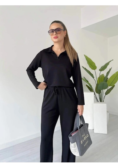 Defymoda Polo Yaka Alt Üst Kollu Modal Takım Siyah Pt Siyah