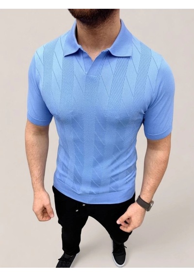 Erkek Yazlık Triko Dokuma Tişört Kısa Kol Polo Yaka T-shirt - Bebek Mavisi