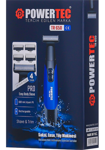 Powertec TR-650 (TAHRİŞ KARŞITI) Şarjlı Epilasyon Öncesi Hassas Vücut Tıraş Makinesi Çift Bıçak 2 Yıl Garanti