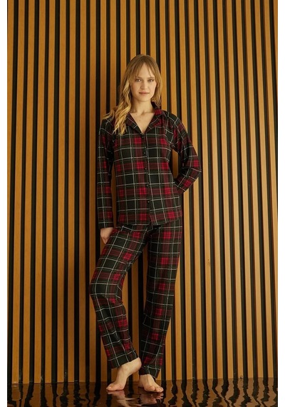 Pijamoni Kadın Süet Önden Düğmeli Likralı Pijama Takımı 5 - 1 Adet 001