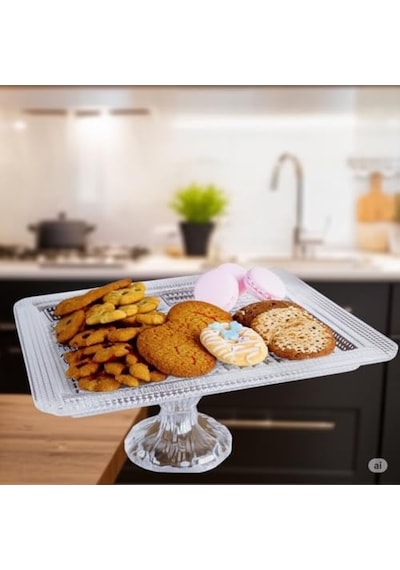 Kosova Candy Madlen Serisi 4 Bölmeli Cam Ayaklı Sunum Tabağı, 35,6 X 30,6 X 12,3 Açık Gri