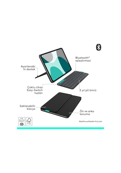 Logitech Flip Folio Apple Uyumlu iPad Pro 13 İnç M4 Air M2 Ve M3 İle Türkçe Klavyeli Tablet Kılıfı Siyah