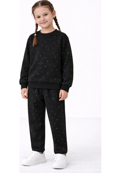 Beka Kids Kız Çocuk Komple Taş Detaylı Pantolonu Cepli Rahat Eşofman Takımı Siyah