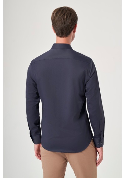 İmza Lacivert Sert Yaka Uzun Kol Cepsiz Slim Fit Pamuklu Gömlek 1004260213 Koyu Lacivert