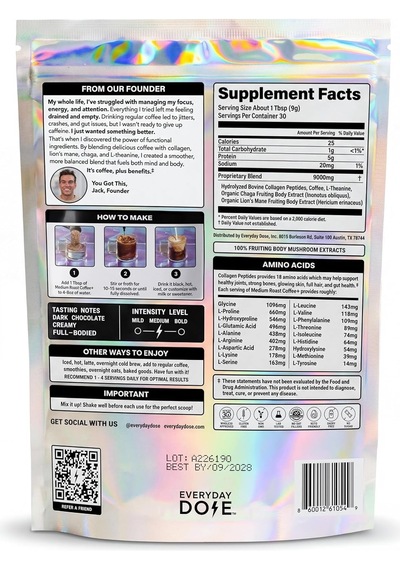 Everyday Dose 90 Mg Caffeıne,5000 Mg Collagen,l-theanine,chaga,lion's Mane Premium Coffee 30 Serving