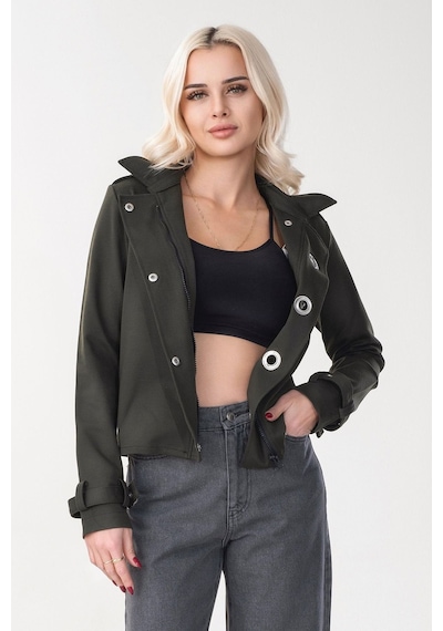 Bold & Young Kadın Viskon Polyester Likralı Kumaş Kol Ucu Toka Bantlı Kuş Gözü Aksesuarlı Çıt Çıtlı Cepli Ceket Haki