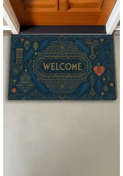 Valerine Life Art Deco Stili Yılbaşı Yeni Yıl Noel Welcome Hoş Geldiniz Kapı Önü Paspası 45x70cm Kahverengi