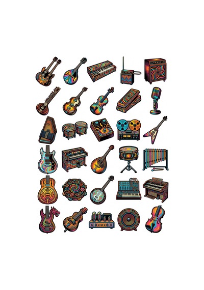 30 Adet Retro Rock Müzik Aletleri Sticker Seti - Laptop Kılıf Defter Çok Renkli