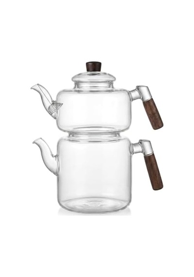Akasya Cam Çaydanlık Takımı 1800 Ml + 950 Ml - Ahşap Kulplu Isıya Dayanıklı Borosilikat Şeffaf Çaydanlık 1