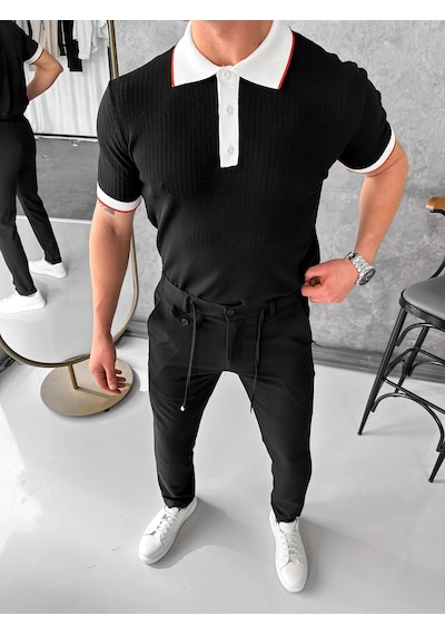 Modefendi Yüksek Kalite Desenli Polo Yaka Tshirt Siyah