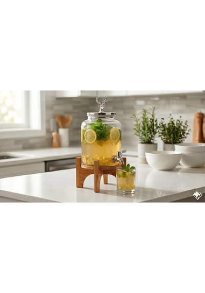 Mey İthalat Geyik Figürlü Gümüş Lüks Cam İçecek Sebili - 3.6 Litre Bambu Standlı Meyve Suyu Kovası