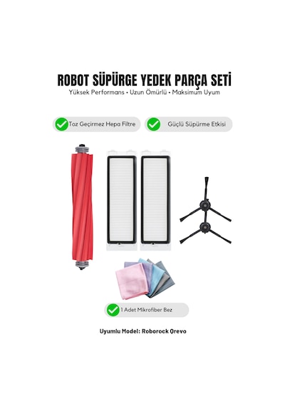Roborock Qrevo İle Uyumlu 1 Ana Fırça 2 Siyah Yan Fırça 2 Filtre 1 Temizlik Bezi 11.0