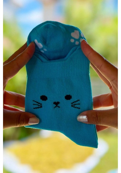 Lousocks Unisex Sevimli Kedi Kulaklı Pati Desenli Soket Çorap Turkuaz