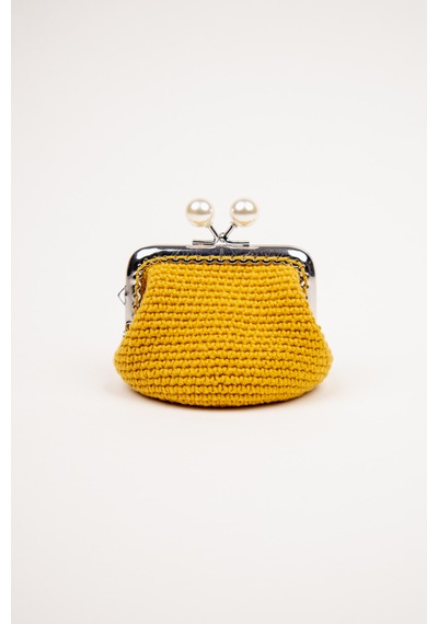 Fabric Craft Bag Bozuk Para Cüzdanı Merserize İplik Klipsli Örgü Hardal Sarısı