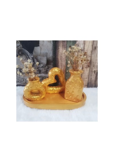 El Yapımı Minik Iki Vazo, Kalp Biblosu Ve Sunum Tabağı Seti. Gold