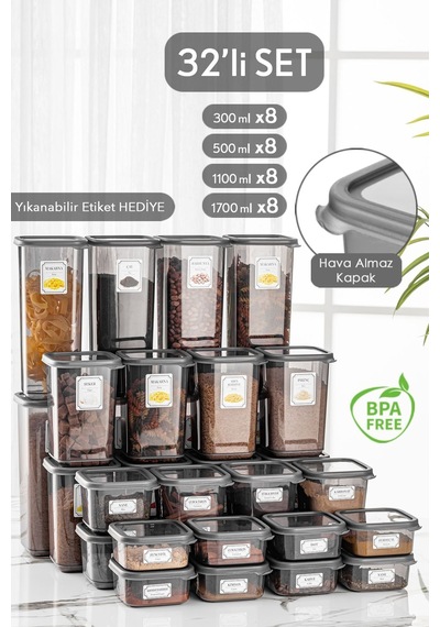 Meleni Home Viola Kapaklı Kare Erzak Saklama Kabı 32'li 8x 0.3 L-0.5 L-1.1 L-1.7 L Etiketli Antrasit