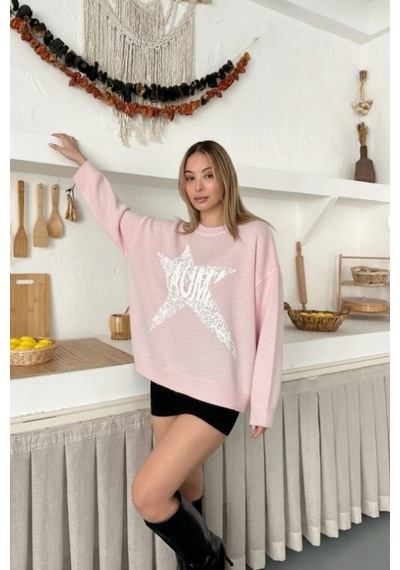 Flex Fashıon Kadın Popüler Yıldız Detaylı Salaş Oversize Trend Triko Kazak Pembee - 815291364 Pembee - 815291364 Pembee