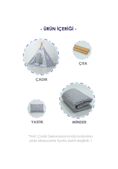 Yıldız Desen, Ahşap Direkli, Pencereli Doğal Ev-bahçe Çocuk Oyun Çadırı, Gri