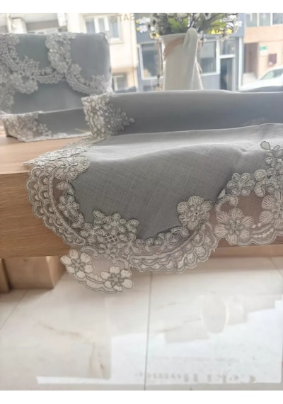 Firuze Model Gri 5 Parça Keten Dantelli Runner Seti Çeyizlik Salon Takımı